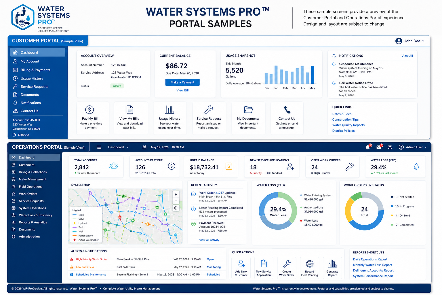Water Systems Pro customer and operations portal conceptual screen samples